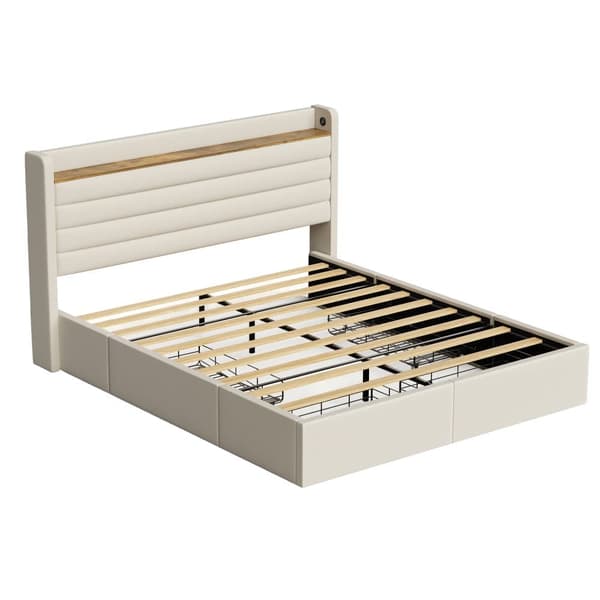 Moderne dobbeltseng 140x200 cm, Velour betrukket med USB-port og opbevaring i sengegavl, 4 opbevaringsskuffer under sengen, beige