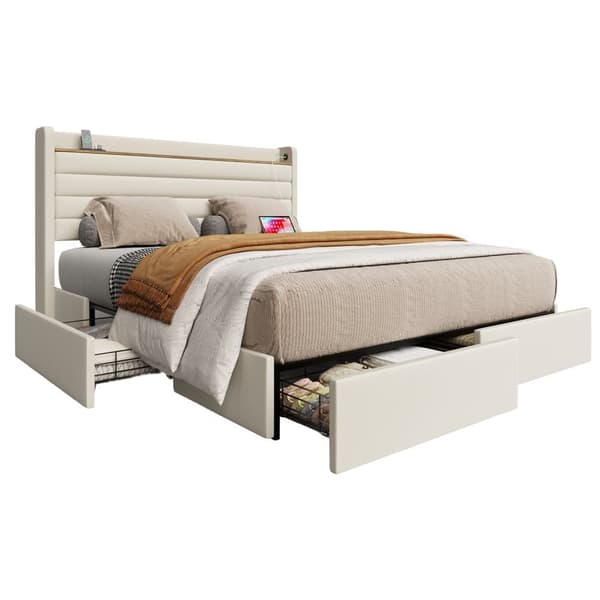 Moderne dobbeltseng 140x200 cm, Velour betrukket med USB-port og opbevaring i sengegavl, 4 opbevaringsskuffer under sengen, beige