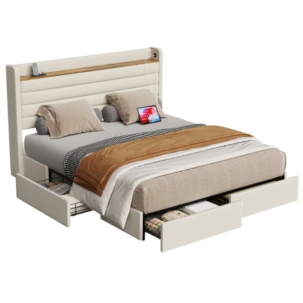 Moderne dobbeltseng 140x200 cm, Velour betrukket med USB-port og opbevaring i sengegavl, 4 opbevaringsskuffer under sengen, beige