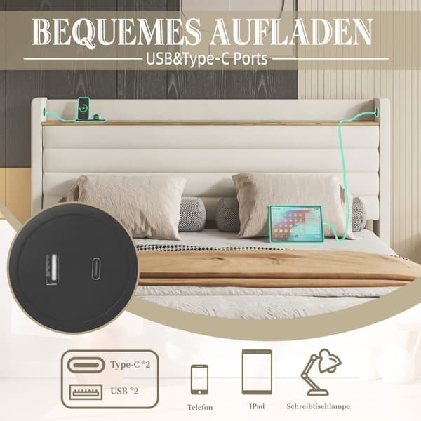 Moderne dobbeltseng 140x200 cm, Velour betrukket med USB-port og opbevaring i sengegavl, 4 opbevaringsskuffer under sengen, beige