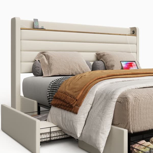 Moderne dobbeltseng 140x200 cm, Velour betrukket med USB-port og opbevaring i sengegavl, 4 opbevaringsskuffer under sengen, beige