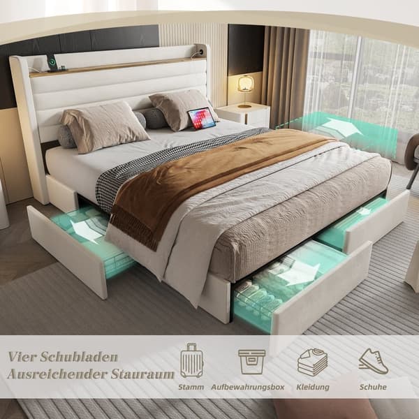 Moderne dobbeltseng 140x200 cm, Velour betrukket med USB-port og opbevaring i sengegavl, 4 opbevaringsskuffer under sengen, beige