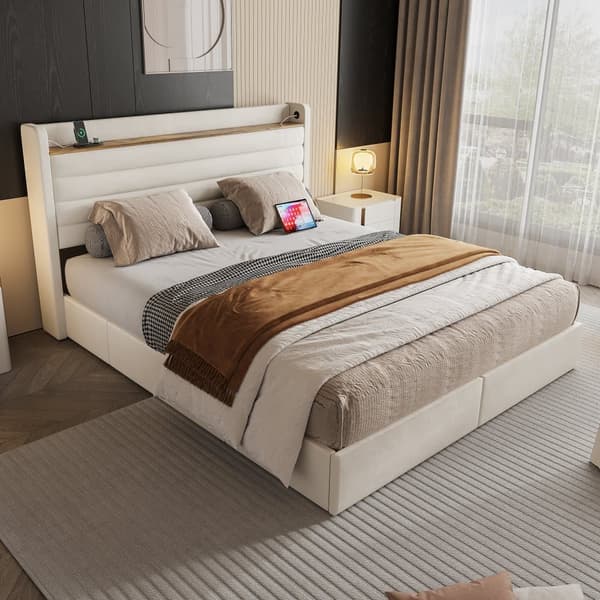 Moderne dobbeltseng 140x200 cm, Velour betrukket med USB-port og opbevaring i sengegavl, 4 opbevaringsskuffer under sengen, beige
