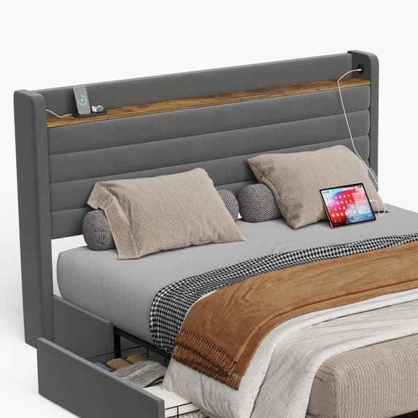 Modern Dubbel Säng 140x200 cm, Sammetspolstrad med USB-Port och Förvaring i Sänggavel, 4 Lådor under Sängen, Grå