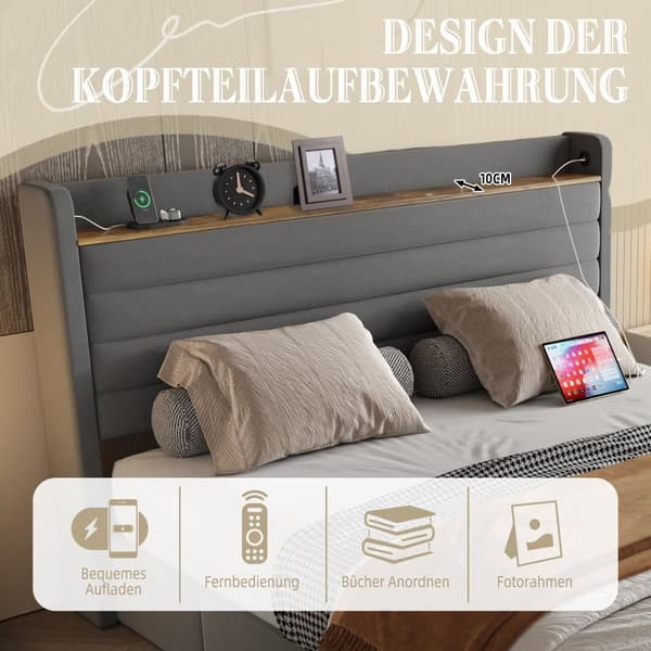 Modern Dubbel Säng 140x200 cm, Sammetspolstrad med USB-Port och Förvaring i Sänggavel, 4 Lådor under Sängen, Grå