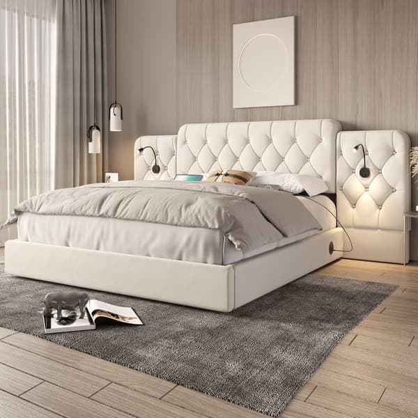 Dobbeltseng 160x200 cm, Velour betrukket med ekstra langt hovedgærde, USB-porte, skrivebordslampe og hydraulisk opbevaring, beige
