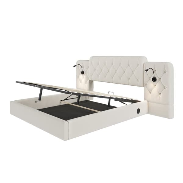 Dobbeltseng 160x200 cm, Velour betrukket med ekstra langt hovedgærde, USB-porte, skrivebordslampe og hydraulisk opbevaring, beige