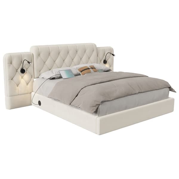 Dobbeltseng 160x200 cm, Velour betrukket med ekstra langt hovedgærde, USB-porte, skrivebordslampe og hydraulisk opbevaring, beige
