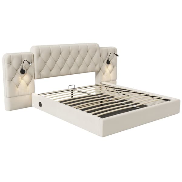 Dobbeltseng 160x200 cm, Velour betrukket med ekstra langt hovedgærde, USB-porte, skrivebordslampe og hydraulisk opbevaring, beige