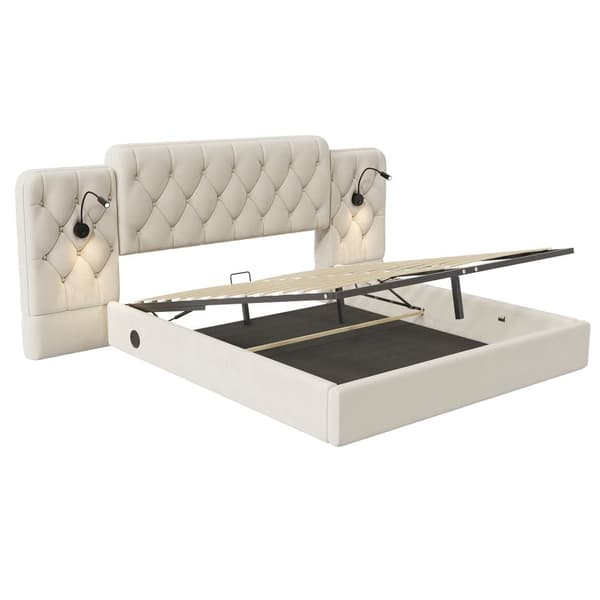 Dobbeltseng 160x200 cm, Velour betrukket med ekstra langt hovedgærde, USB-porte, skrivebordslampe og hydraulisk opbevaring, beige