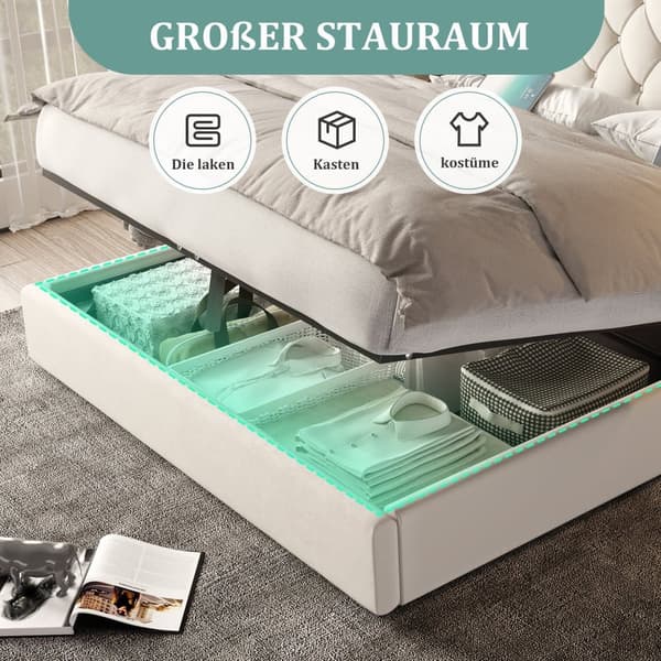 Dobbeltseng 160x200 cm, Velour betrukket med ekstra langt hovedgærde, USB-porte, skrivebordslampe og hydraulisk opbevaring, beige