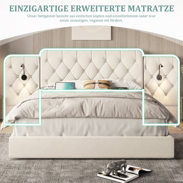 Dobbeltseng 160x200 cm, Velour betrukket med ekstra langt hovedgærde, USB-porte, skrivebordslampe og hydraulisk opbevaring, beige