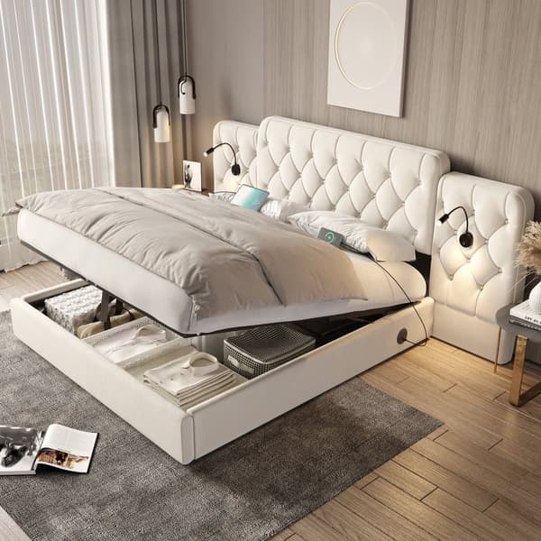 Dobbeltseng 160x200 cm, Velour betrukket med ekstra langt hovedgærde, USB-porte, skrivebordslampe og hydraulisk opbevaring, beige