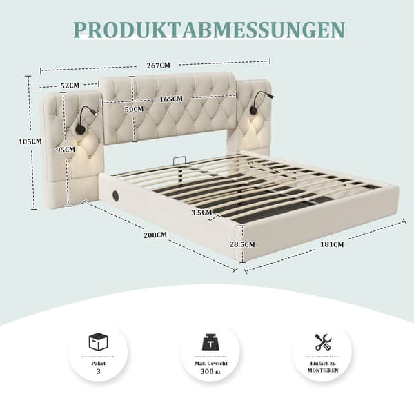 Dubbelsäng 180x200 cm med lång sänggavel, Sammet, USB-portar, Läslampor, Hydrauliskt system, Stor förvaring under sängen – Beige