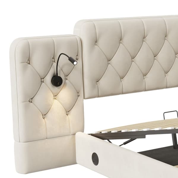 Dubbelsäng 180x200 cm med lång sänggavel, Sammet, USB-portar, Läslampor, Hydrauliskt system, Stor förvaring under sängen – Beige