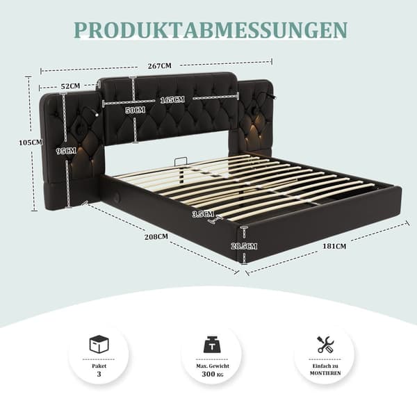 Parivuode 180x200 cm pitkällä sängynpäädyllä PU-nahkaa – Sängynrunko USB-porteilla, lukuvaloilla, hydraulisella säilytystilalla – Musta
