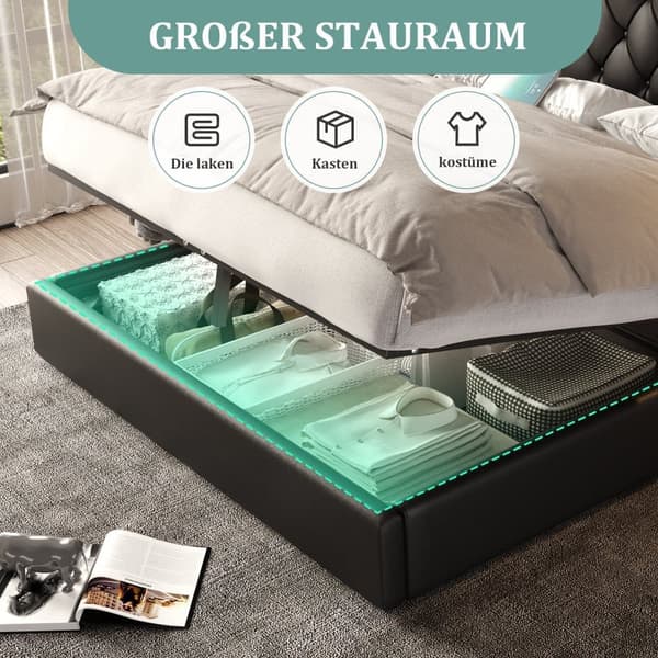 Parivuode 180x200 cm pitkällä sängynpäädyllä PU-nahkaa – Sängynrunko USB-porteilla, lukuvaloilla, hydraulisella säilytystilalla – Musta