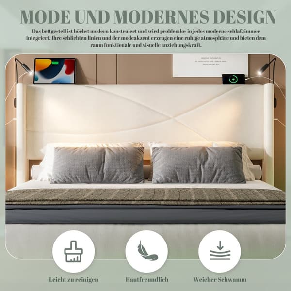 Parivuode 160x200 cm modernilla muotoilulla – Beige sängynrunko LED-valaistuksella, 2 lukuvaloa, USB-portit, hydraulinen säilytystila