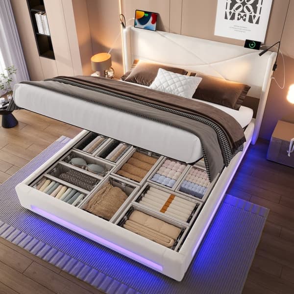 Parivuode 160x200 cm modernilla muotoilulla – Beige sängynrunko LED-valaistuksella, 2 lukuvaloa, USB-portit, hydraulinen säilytystila
