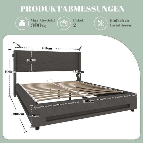 Dubbelsäng 160x200 cm i grå sammet med LED-belysning, 2 läslampor, USB-portar, hydraulisk förvaring och stabil lamellbotten