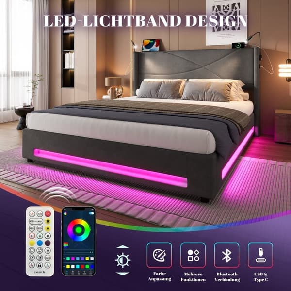 Dubbelsäng 160x200 cm i grå sammet med LED-belysning, 2 läslampor, USB-portar, hydraulisk förvaring och stabil lamellbotten