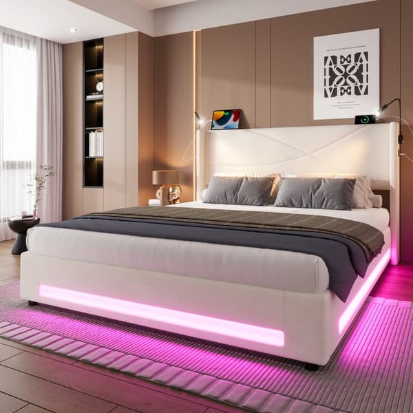 Dobbeltseng 140x200 cm i beige velour med LED-belysning, 2 læselamper, USB-porte, hydraulisk opbevaring og stabil lamelbund