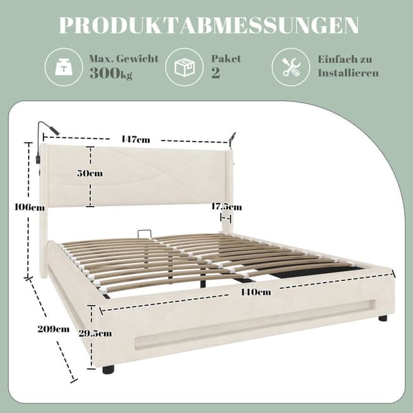 Dobbeltseng 140x200 cm i beige velour med LED-belysning, 2 læselamper, USB-porte, hydraulisk opbevaring og stabil lamelbund