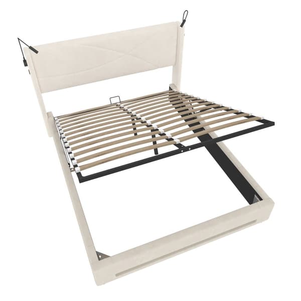 Dobbeltseng 140x200 cm i beige velour med LED-belysning, 2 læselamper, USB-porte, hydraulisk opbevaring og stabil lamelbund