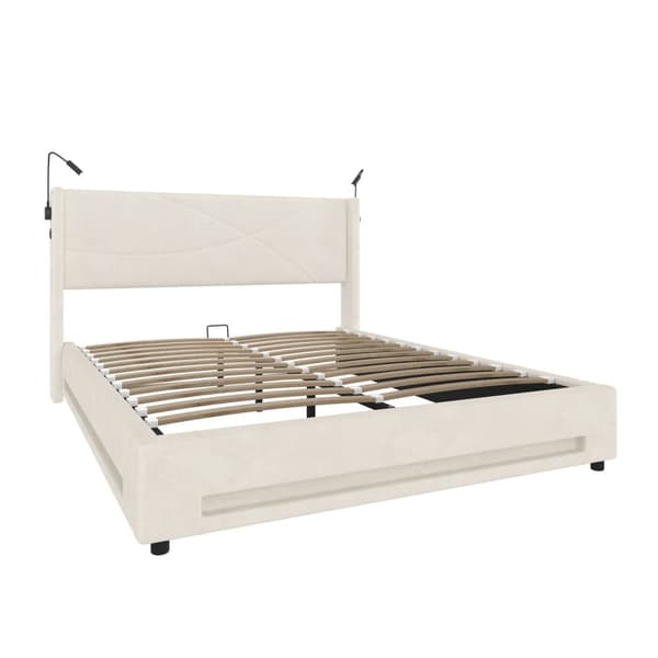 Dobbeltseng 140x200 cm i beige velour med LED-belysning, 2 læselamper, USB-porte, hydraulisk opbevaring og stabil lamelbund