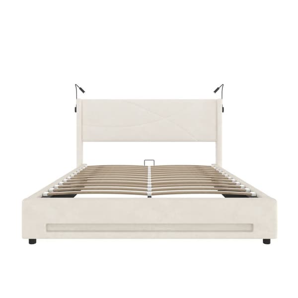Dobbeltseng 140x200 cm i beige velour med LED-belysning, 2 læselamper, USB-porte, hydraulisk opbevaring og stabil lamelbund