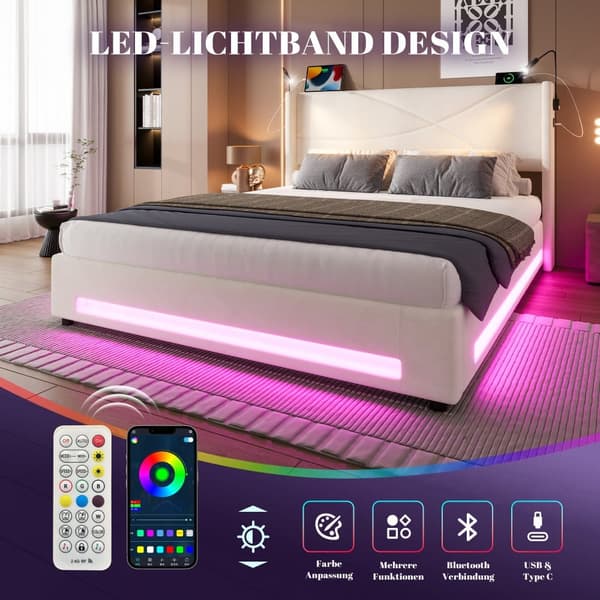 Dobbeltseng 140x200 cm i beige velour med LED-belysning, 2 læselamper, USB-porte, hydraulisk opbevaring og stabil lamelbund