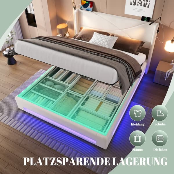 Dobbeltseng 140x200 cm i beige velour med LED-belysning, 2 læselamper, USB-porte, hydraulisk opbevaring og stabil lamelbund