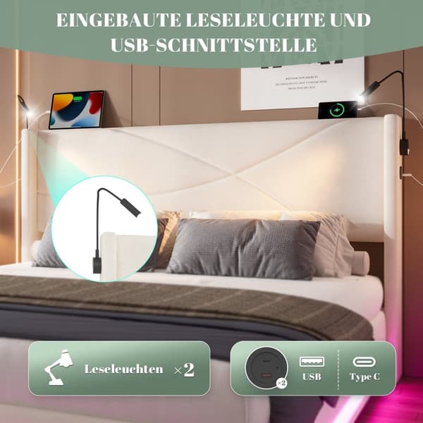 Dobbeltseng 140x200 cm i beige velour med LED-belysning, 2 læselamper, USB-porte, hydraulisk opbevaring og stabil lamelbund