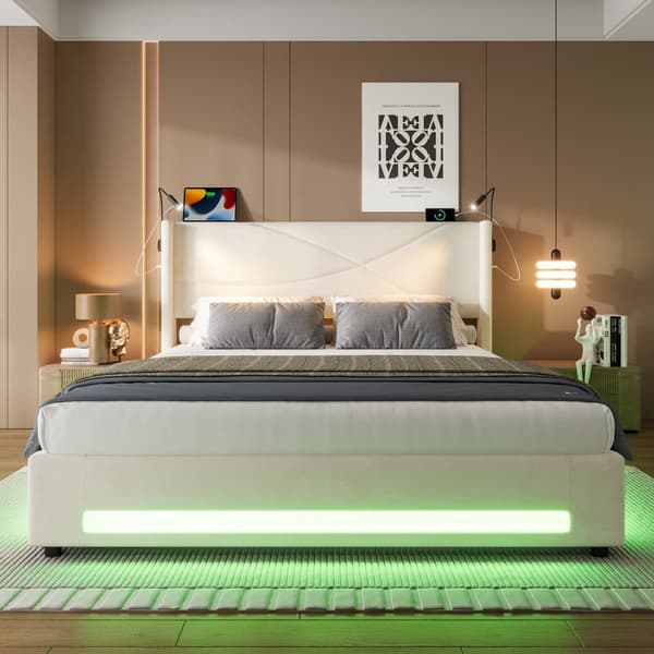 Dobbeltseng 140x200 cm i beige velour med LED-belysning, 2 læselamper, USB-porte, hydraulisk opbevaring og stabil lamelbund