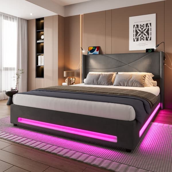 Dobbeltseng 140x200 cm i grå velour med LED-lys, 2 læselamper, USB-porte, hydraulisk opbevaring og stabil lamelbund