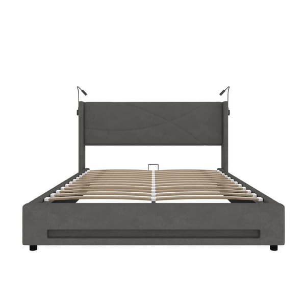 Dobbeltseng 140x200 cm i grå velour med LED-lys, 2 læselamper, USB-porte, hydraulisk opbevaring og stabil lamelbund