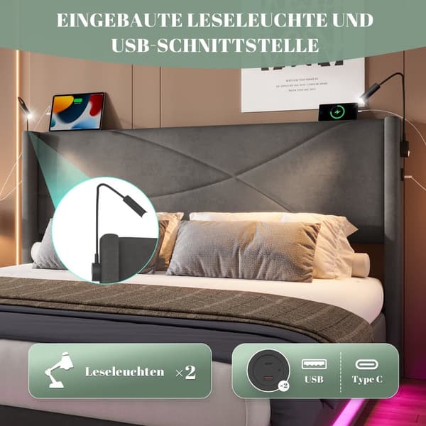 Dobbeltseng 140x200 cm i grå velour med LED-lys, 2 læselamper, USB-porte, hydraulisk opbevaring og stabil lamelbund