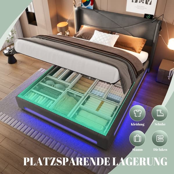 Dobbeltseng 140x200 cm i grå velour med LED-lys, 2 læselamper, USB-porte, hydraulisk opbevaring og stabil lamelbund