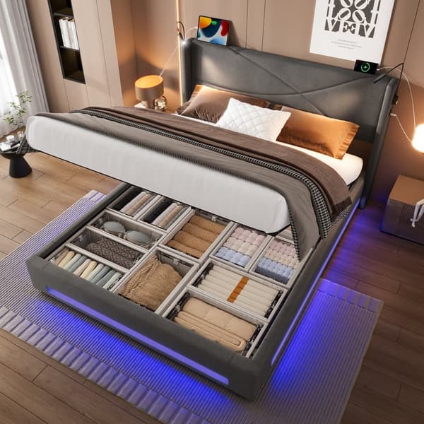 Dobbeltseng 140x200 cm i grå velour med LED-lys, 2 læselamper, USB-porte, hydraulisk opbevaring og stabil lamelbund