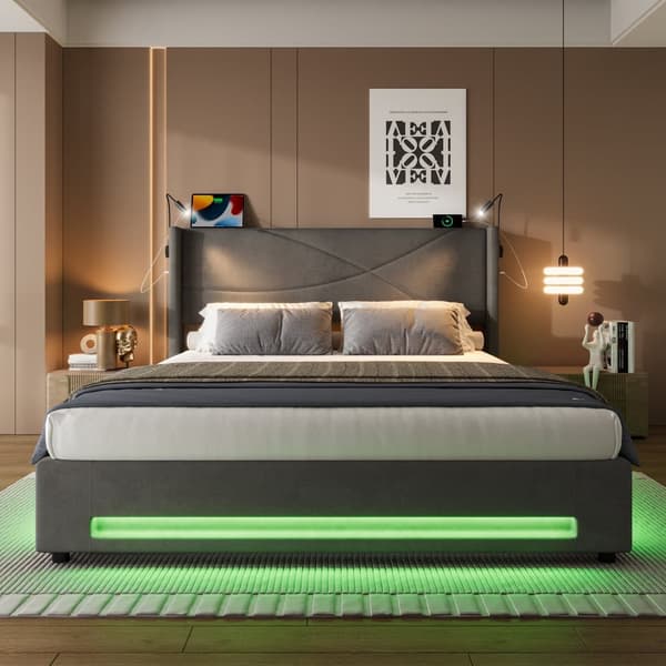 Dobbeltseng 140x200 cm i grå velour med LED-lys, 2 læselamper, USB-porte, hydraulisk opbevaring og stabil lamelbund