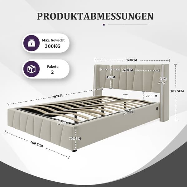 Dobbeltseng 160x200 cm i velour med USB-porte, LED-lysbånd, hydraulisk løftefunktion og ekstra opbevaring – Beige