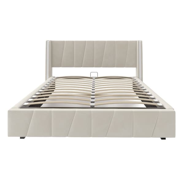 Dobbeltseng 160x200 cm i velour med USB-porte, LED-lysbånd, hydraulisk løftefunktion og ekstra opbevaring – Beige