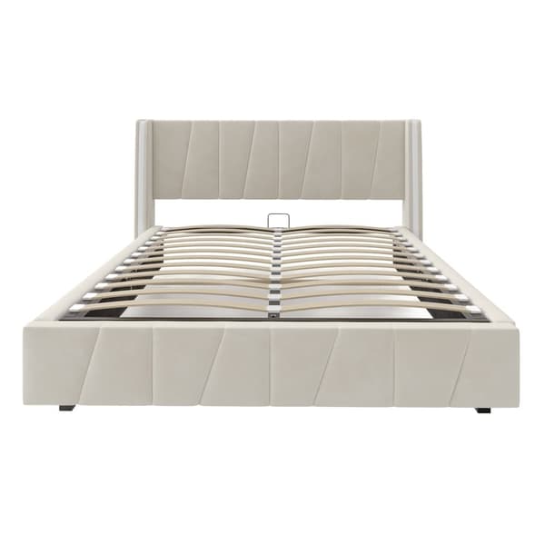 Dobbeltseng 160x200 cm i velour med USB-porte, LED-lysbånd, hydraulisk løftefunktion og ekstra opbevaring – Beige