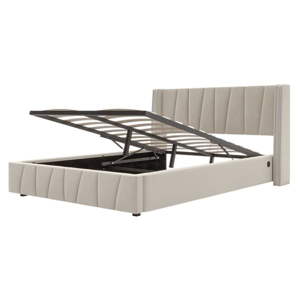 Dobbeltseng 160x200 cm i velour med USB-porte, LED-lysbånd, hydraulisk løftefunktion og ekstra opbevaring – Beige