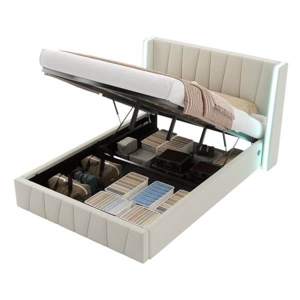 Dobbeltseng 160x200 cm i velour med USB-porte, LED-lysbånd, hydraulisk løftefunktion og ekstra opbevaring – Beige
