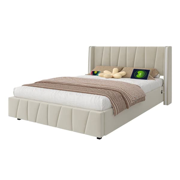 Dobbeltseng 160x200 cm i velour med USB-porte, LED-lysbånd, hydraulisk løftefunktion og ekstra opbevaring – Beige