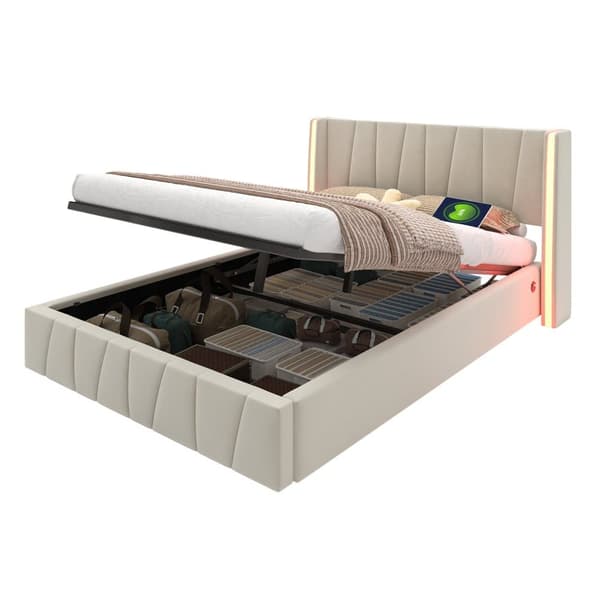 Dobbeltseng 160x200 cm i velour med USB-porte, LED-lysbånd, hydraulisk løftefunktion og ekstra opbevaring – Beige