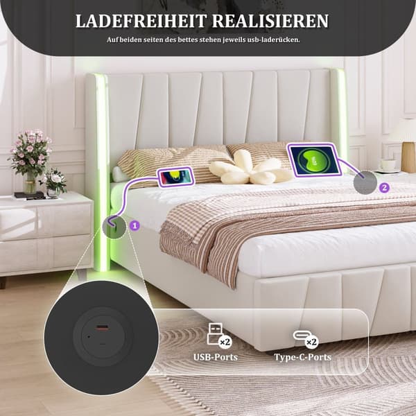 Dobbeltseng 160x200 cm i velour med USB-porte, LED-lysbånd, hydraulisk løftefunktion og ekstra opbevaring – Beige