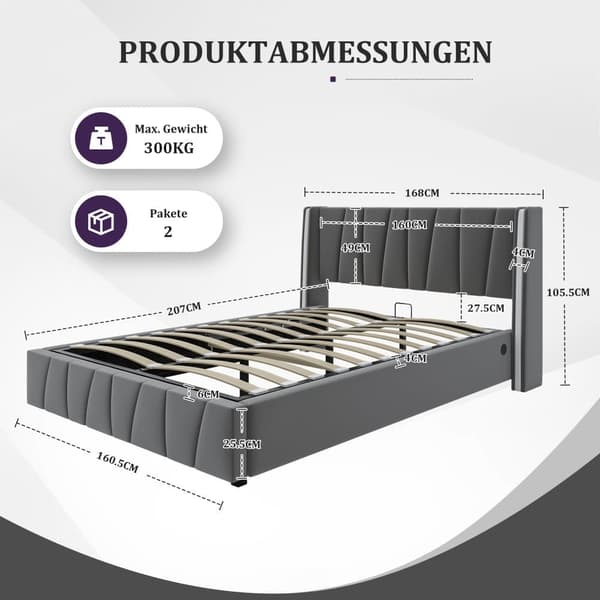 Dobbeltseng 160x200 cm i grå velour med USB-porte, LED-lysbånd, hydraulisk løftesystem og opbevaringsplads