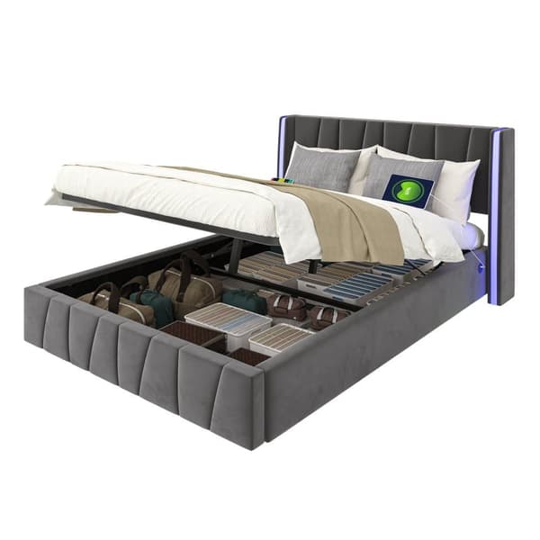 Dobbeltseng 160x200 cm i grå velour med USB-porte, LED-lysbånd, hydraulisk løftesystem og opbevaringsplads